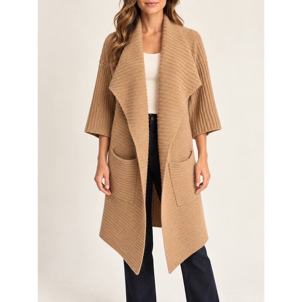 Ralph Lauren Womens L Camel Cashmere Merino Wool Blend Open Front Long Cardigan